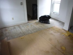 With the carpet removed, and one sheet of plywood lifted, the original beadboard floor is revealed.